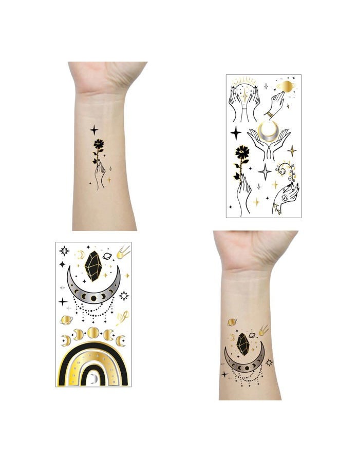 Glaryyears 9 Sheets Black Small Temporary Tattoo, Hands Face Tattoo Sticker for Men Women, Metallic Gold Silver Flower Space Moon Snake Cat Diamond Designs on Arm Neck Shoulder Clavicle Waterproof - Image 3